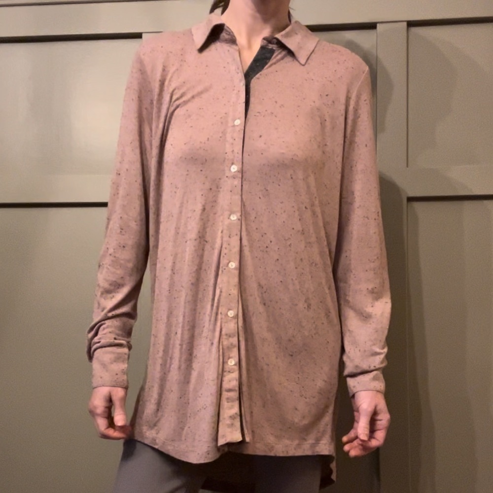 Soft Surroundings Button Down Tunic Blouse Long Roll Tab Sleeves Pink Speckle M
